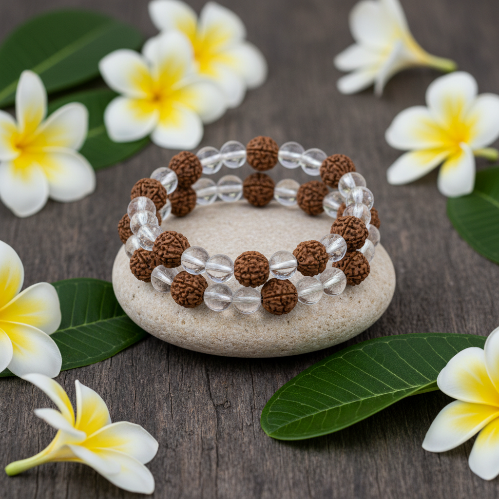 Rudraksha Crystal Bracelet on beige stone with plumeria flowers