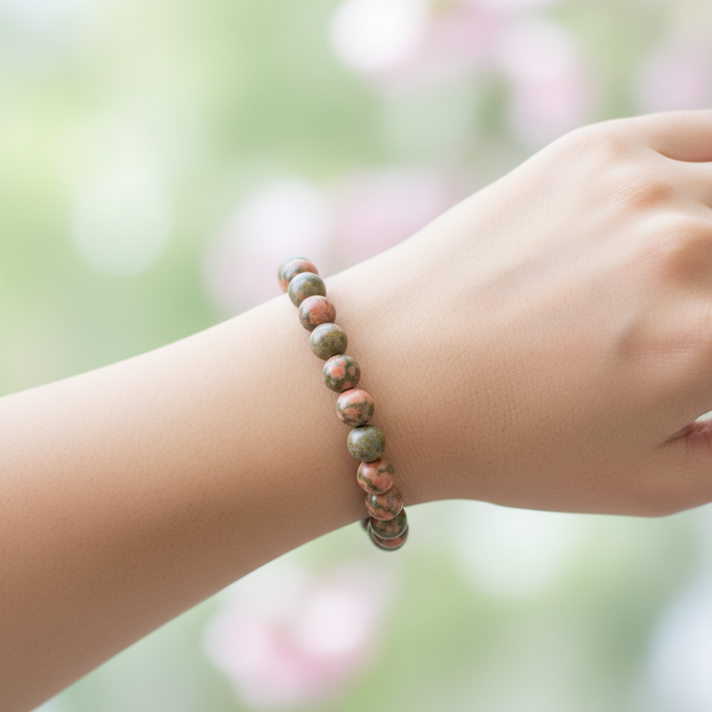 Natural Unakite Bracelet worn on wrist