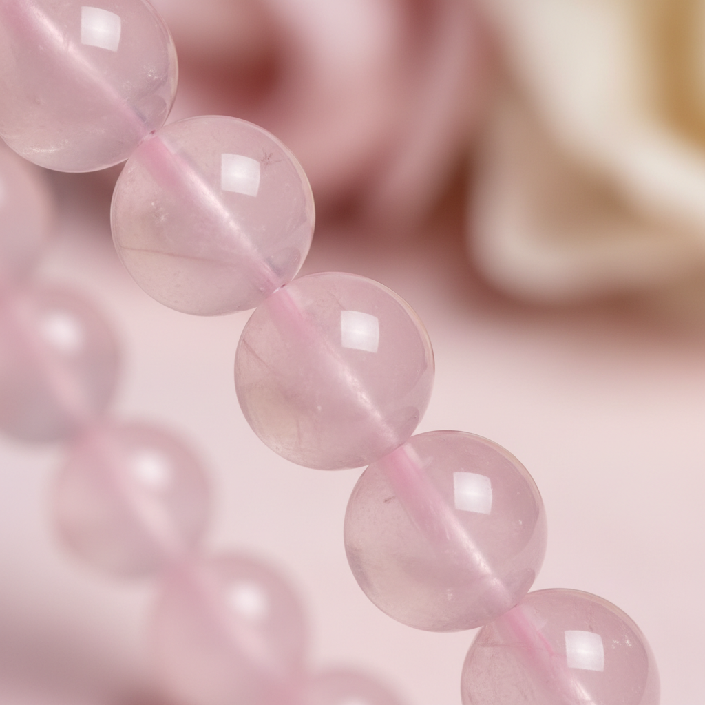 Natural Rose Quartz Bracelet bead close-up macro shot