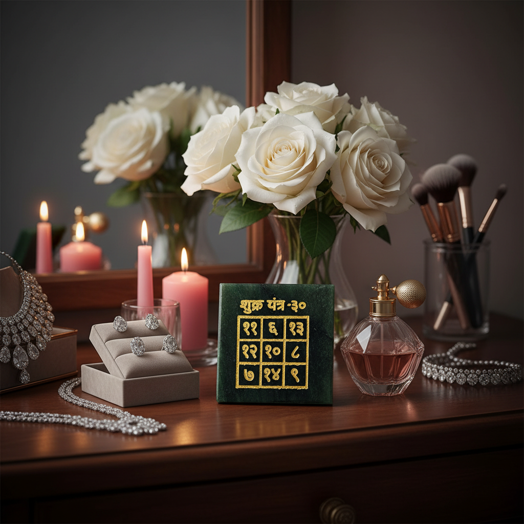Shukra Yantra on vanity dresser with roses and jewelry