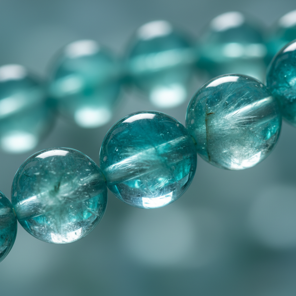 Natural Apatite Bracelet bead close-up showing vibrant teal blue-green translucent color