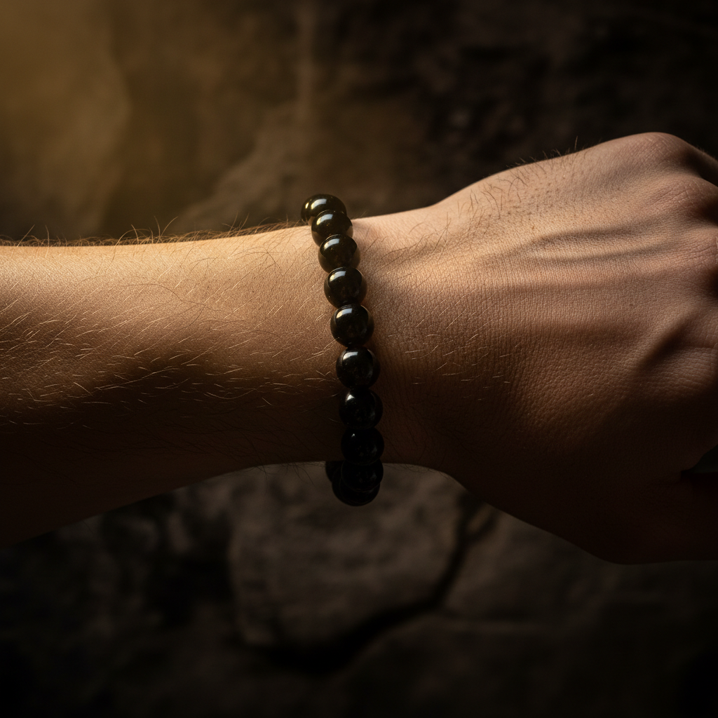 Natural Black Obsidian Bracelet worn on wrist