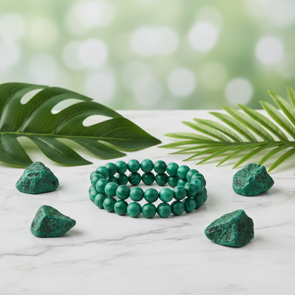 Natural Malachite Bracelet on white marble with malachite stones and green leaves