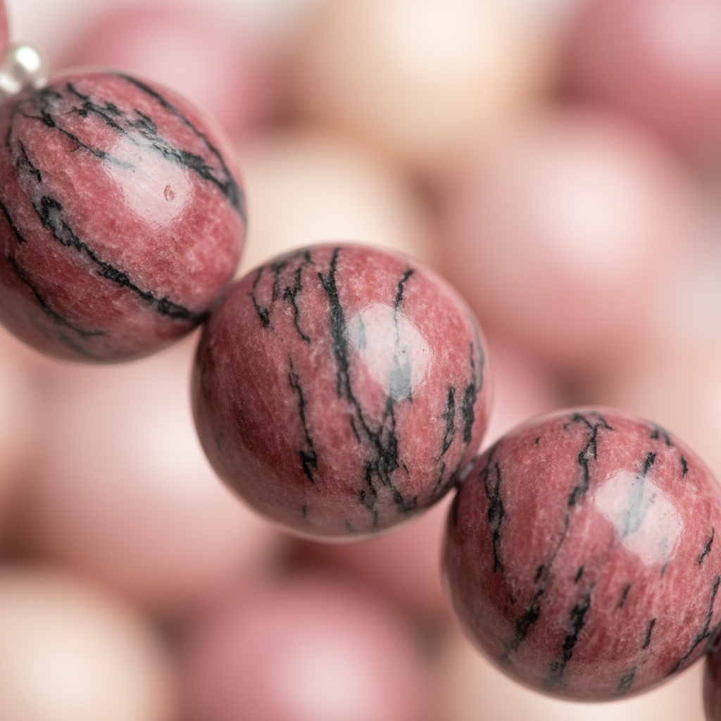 Natural Pink Rhodonite Bracelet bead close-up showing pink color with black veining