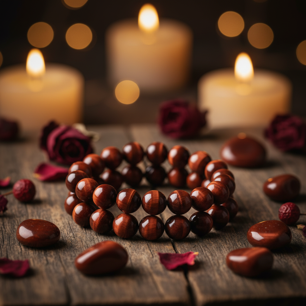 Natural Red Tiger Eye Bracelet on dark wood with red crystals and candlelight