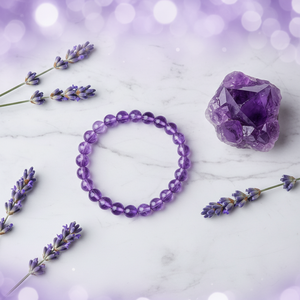 Natural Amethyst Bracelet on white marble with amethyst cluster and lavender