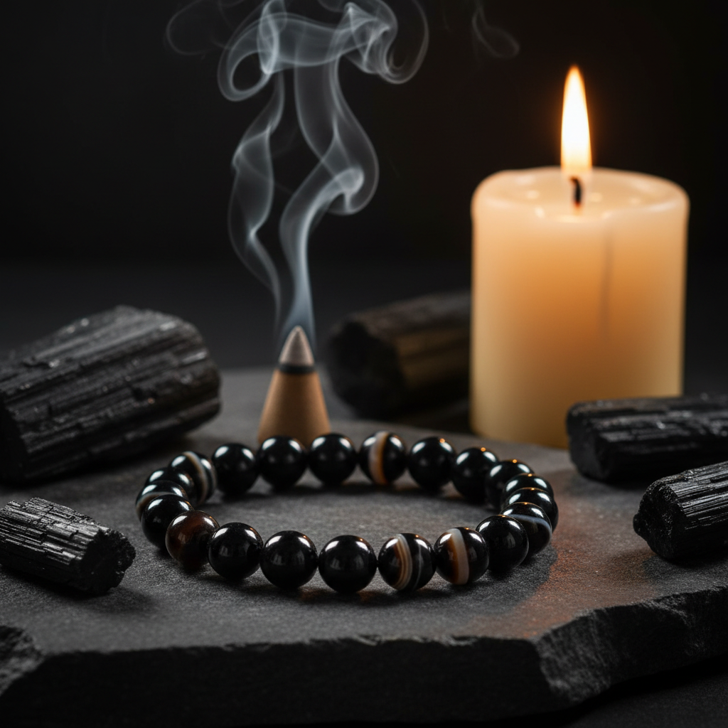 Natural Sulemani Hakik Bracelet on dark stone with black crystals and candlelight