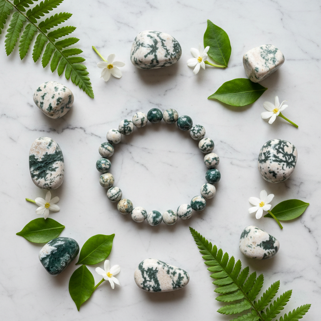 Natural Tree Agate Bracelet flat lay with tree agate stones and white flowers