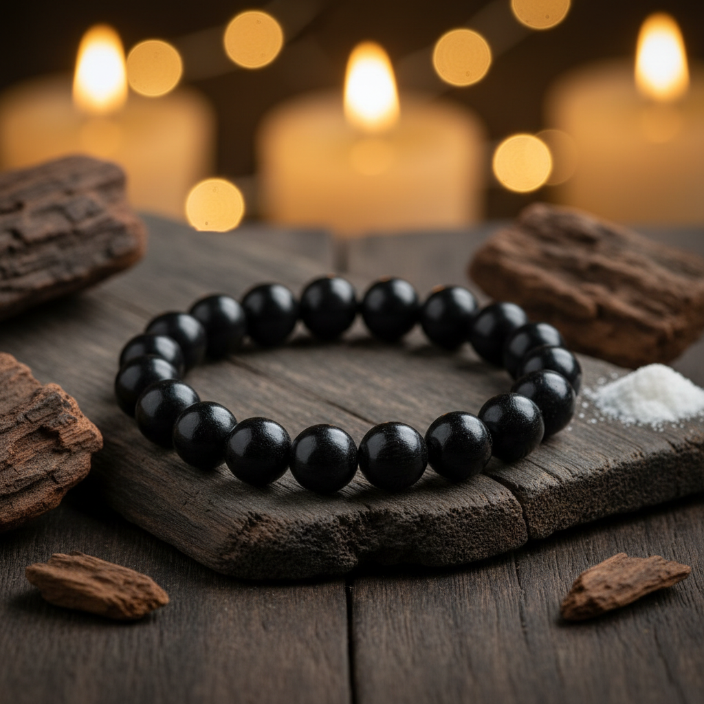 Natural Karungali Ebony Wood Bracelet on dark wood with sacred elements and candlelight