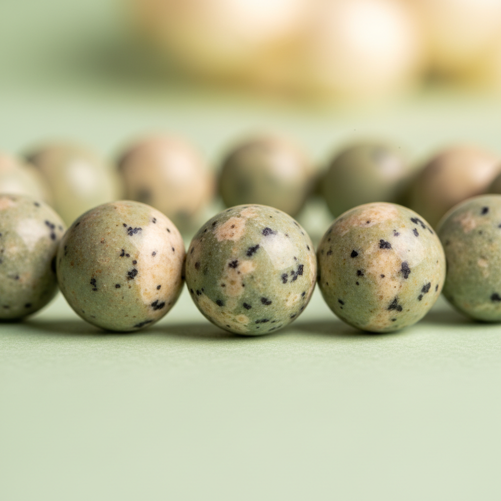 Natural Kiwi Jasper Bracelet bead close-up showing green cream and black speckled patterns