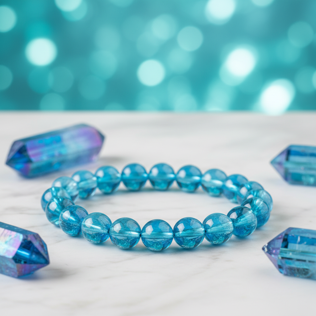 Aqua Aura Bracelet on white marble with aqua aura crystal points