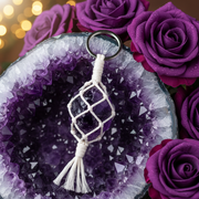 Amethyst Keychain on amethyst geode with purple roses