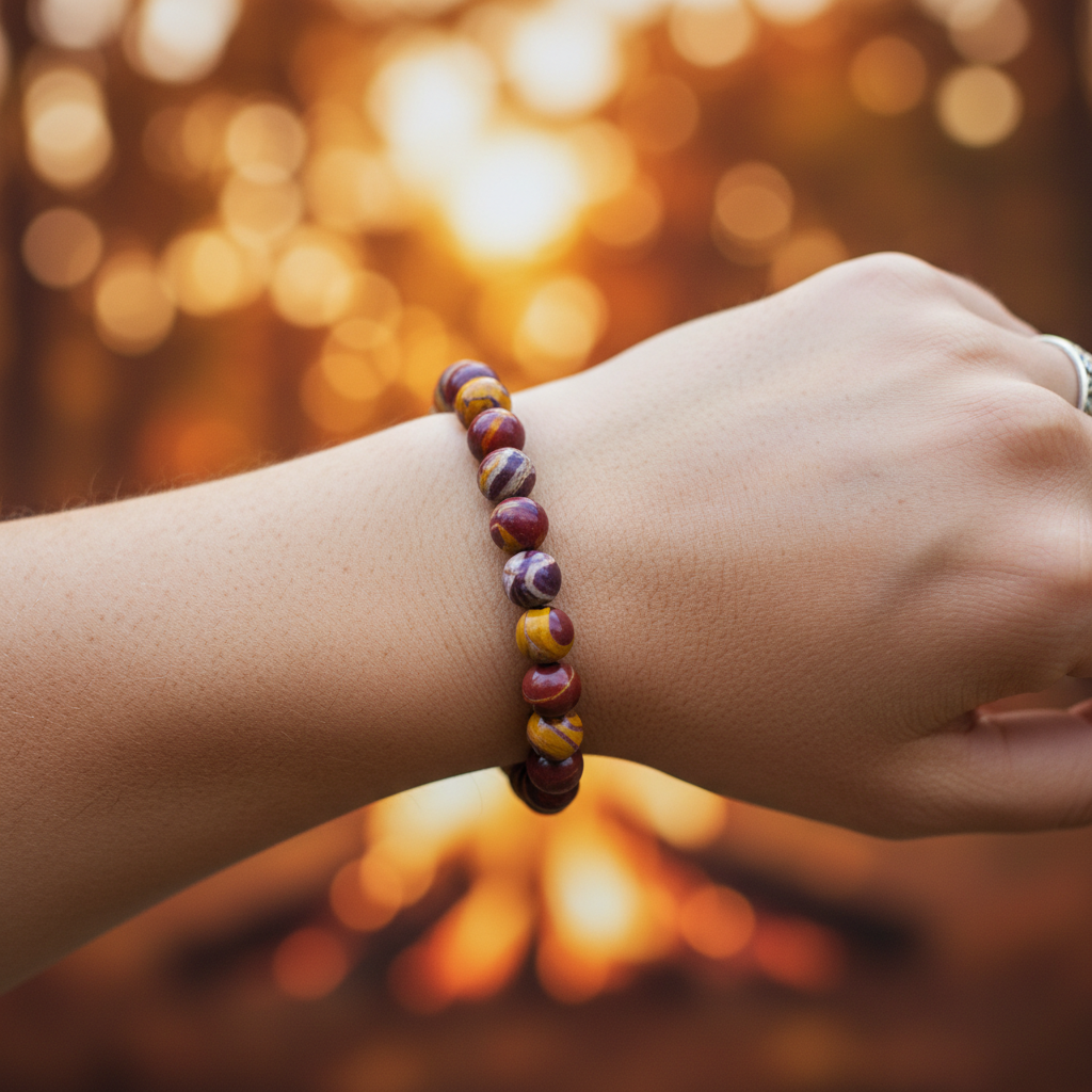Natural Mookaite Jasper Bracelet worn on wrist