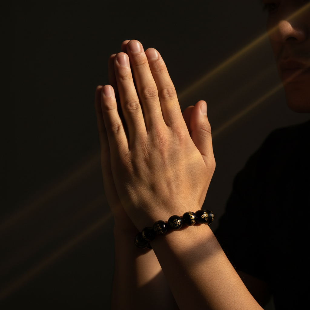Natural OM Mani Padme Hum Black Onyx Bracelet worn on wrist with prayer hands