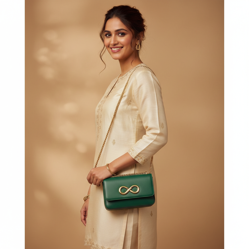 Woman carrying Infinite Luck Shreem green crossbody purse on shoulder