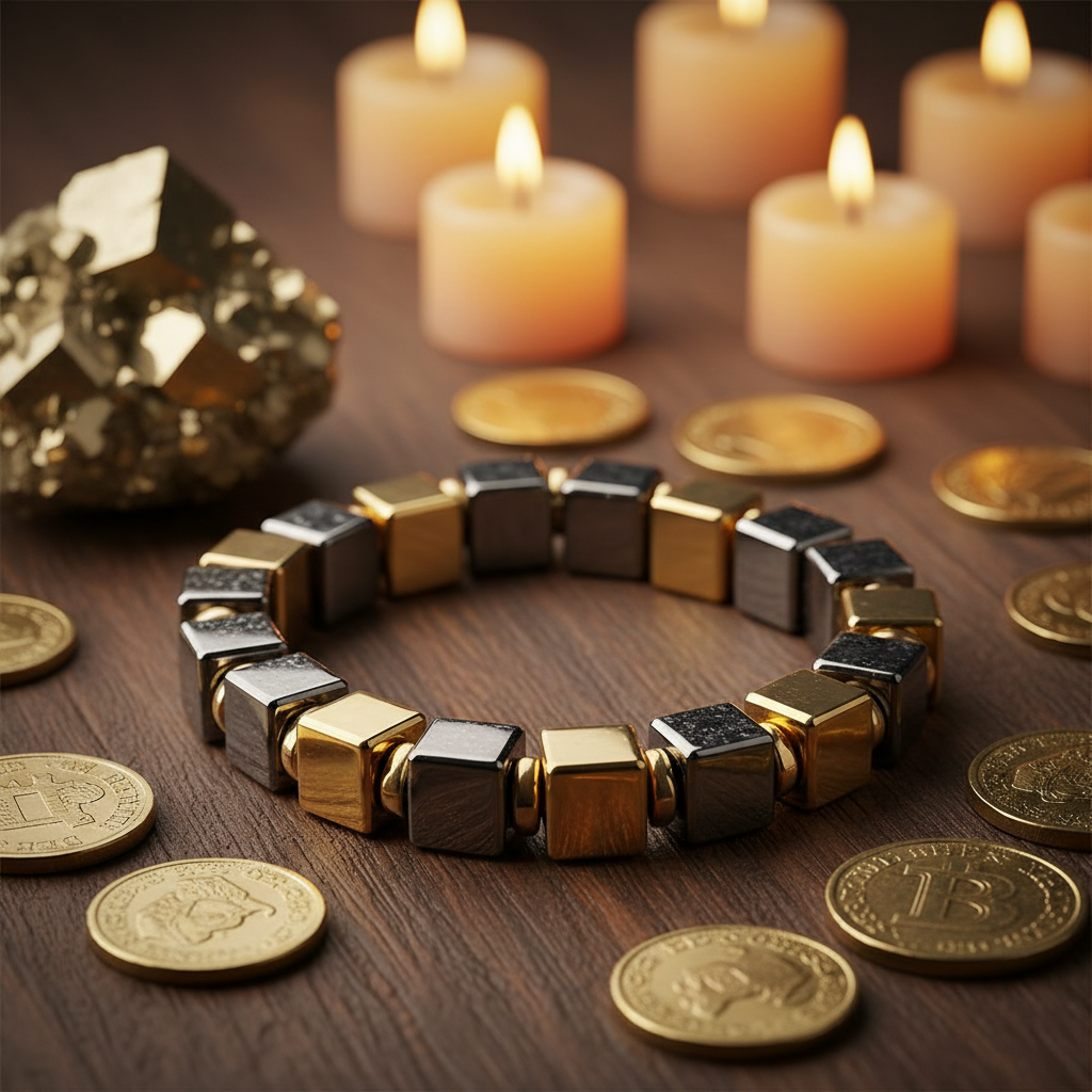 Golden Pyrite Cube Bracelet on dark wood with gold coins and pyrite cluster