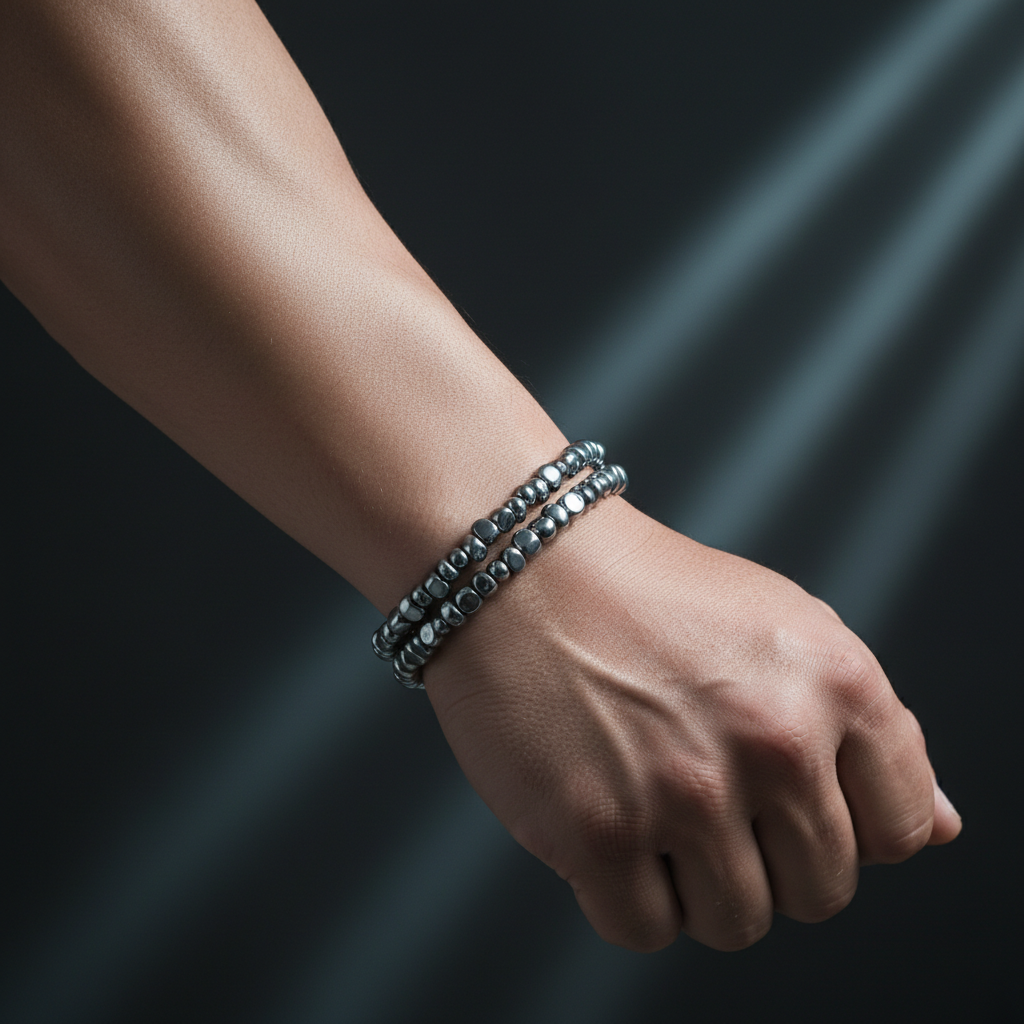 Double Layer Natural Hematite Bracelet worn on wrist showing two strands