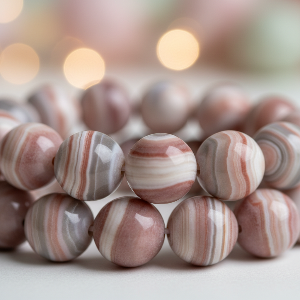 Natural Botswana Agate Bracelet bead close-up showing soft grey pink and white banding