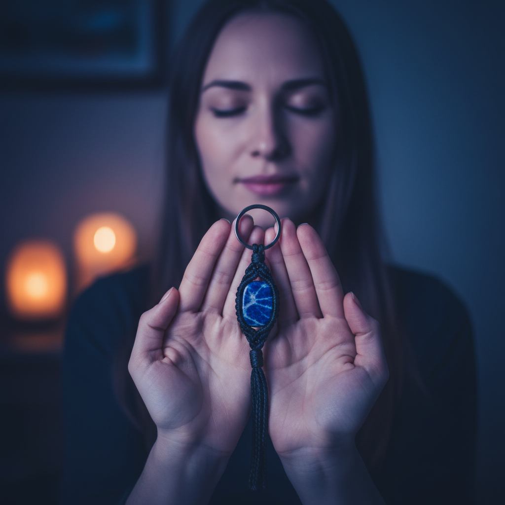 Sodalite Keychain held during meditation
