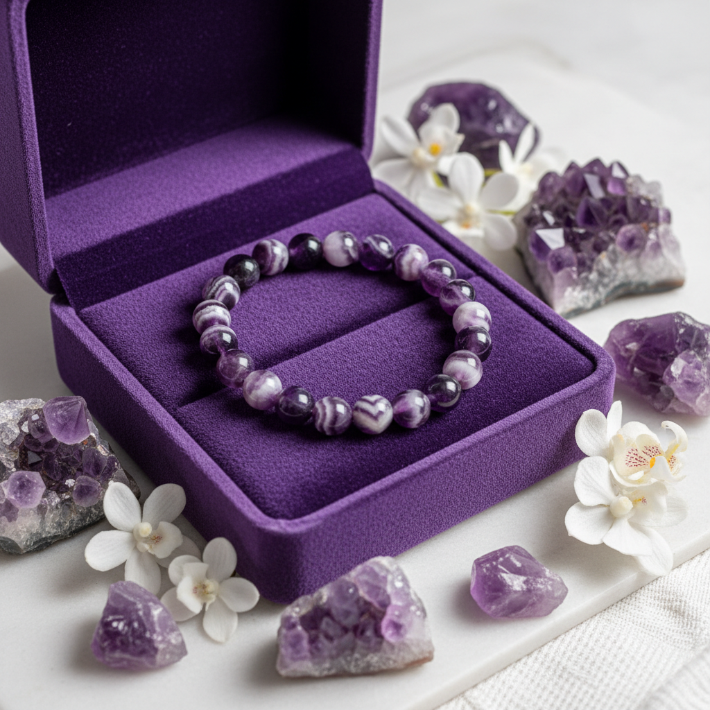 Natural Chevron Amethyst Bracelet in premium gift box with purple velvet