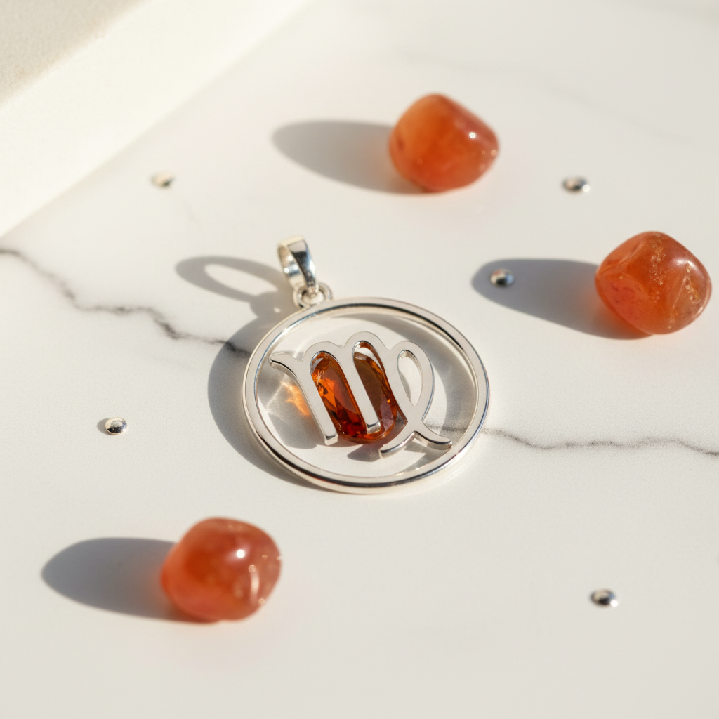 Virgo pendant on white marble surface