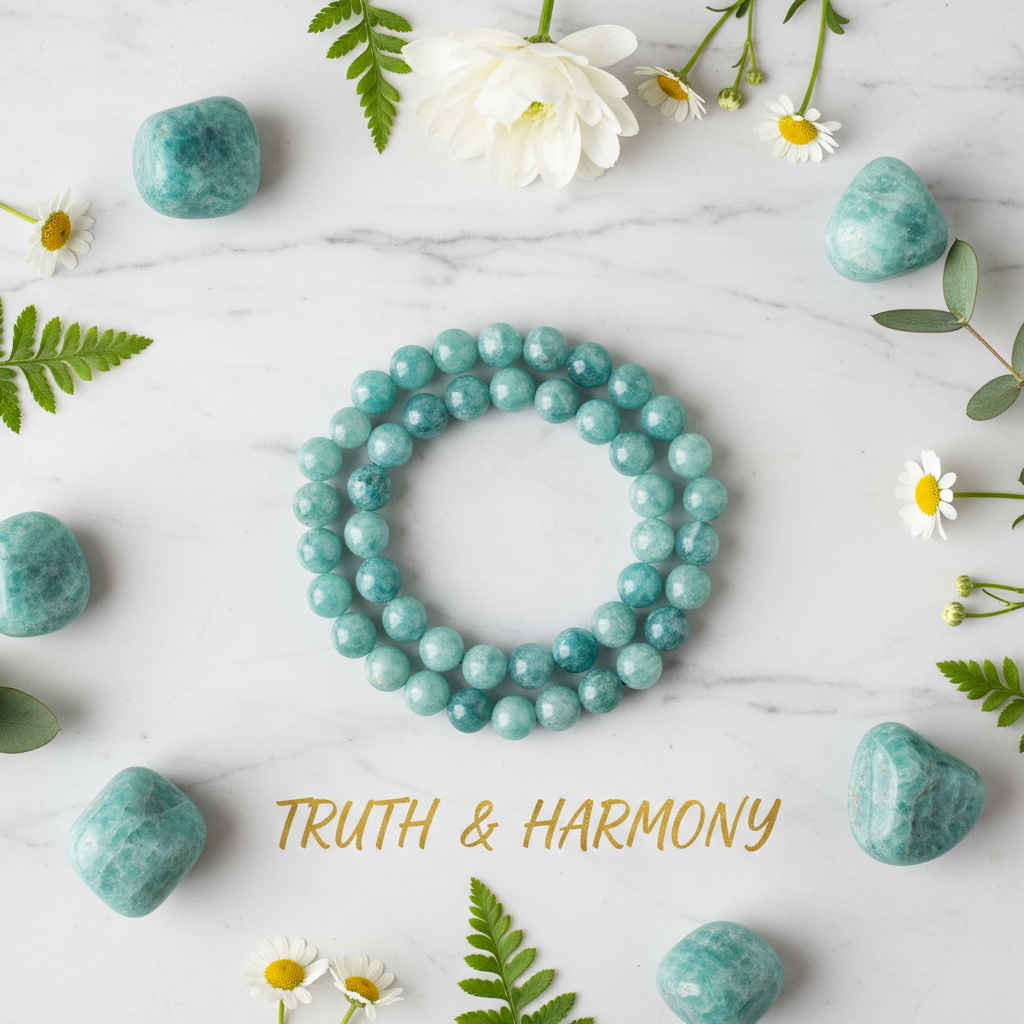 Natural Amazonite Bracelet flat lay with amazonite stones and white flowers