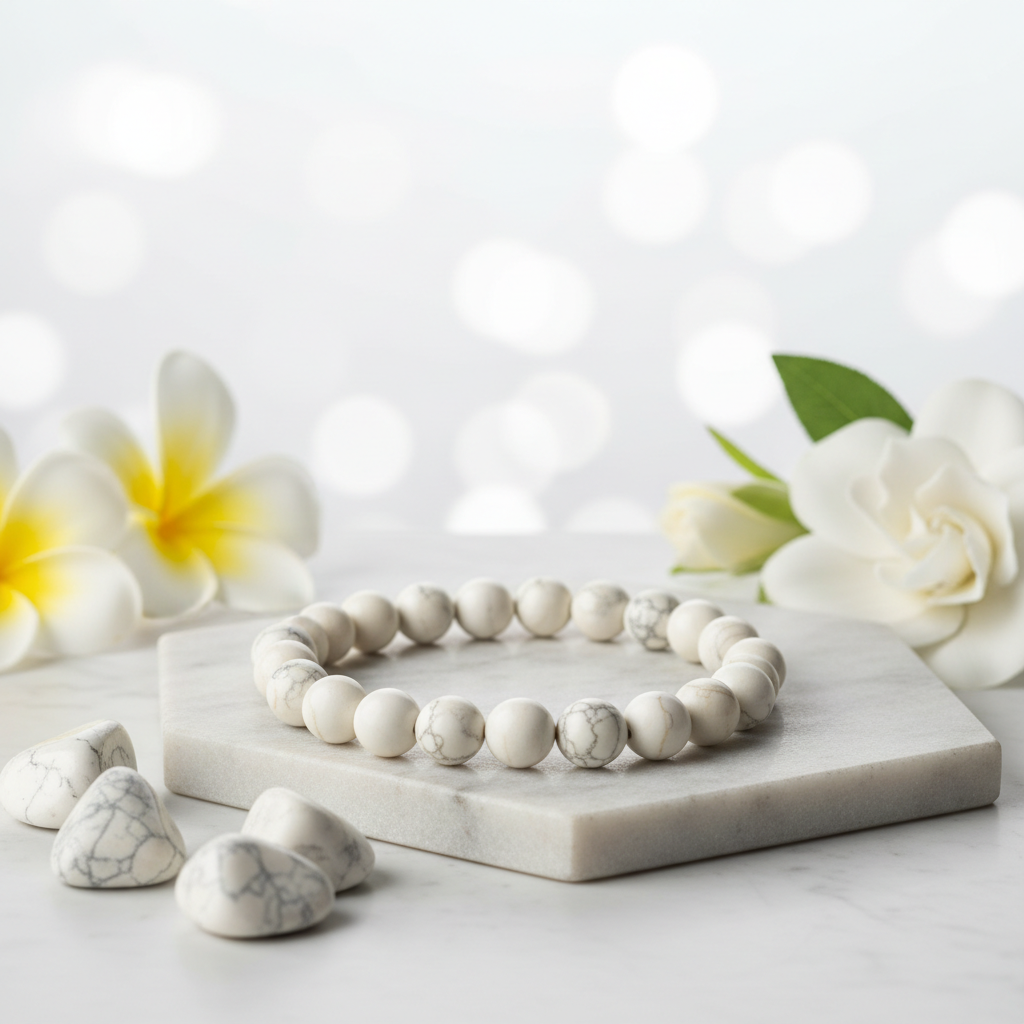 Natural White Howlite Bracelet on white marble with white flowers
