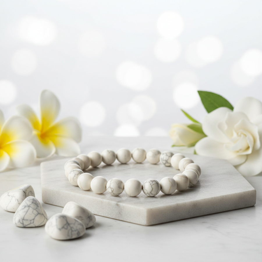Natural White Howlite Bracelet on white marble with white flowers