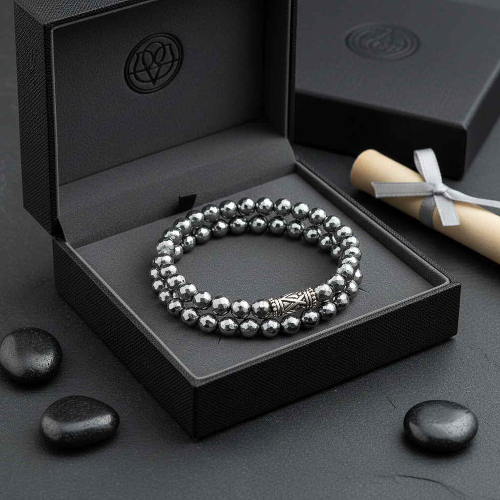 Double Layer Natural Hematite Bracelet in premium gift box with dark grey velvet