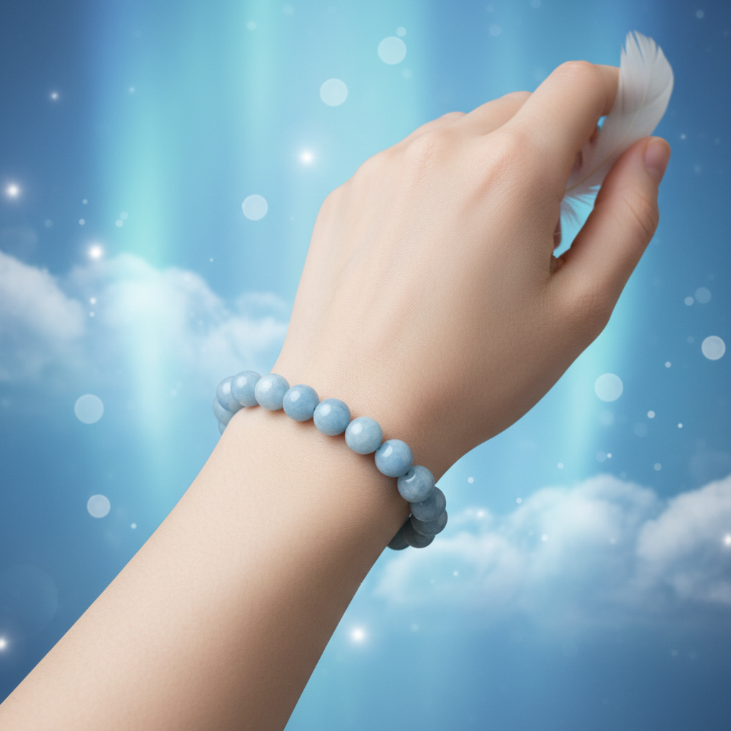 Natural Angelite Bracelet worn on wrist