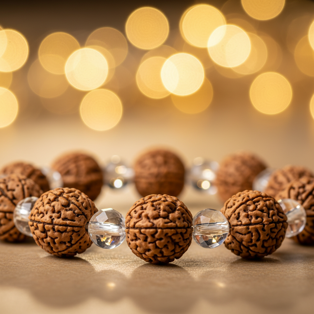 Rudraksha Crystal Bracelet close-up showing natural rudraksha and clear crystal beads