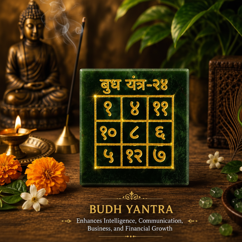 Budh Yantra on pooja altar with flowers and lamp