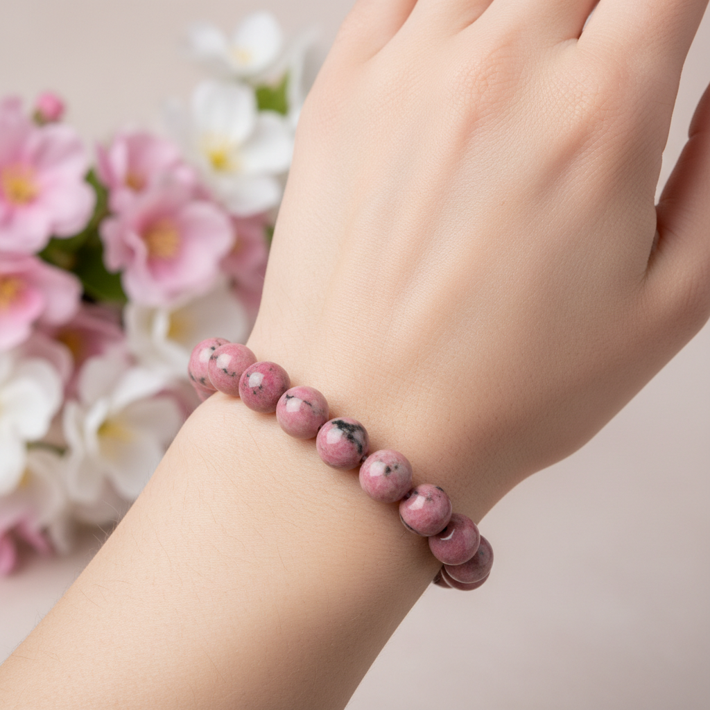 Natural Pink Rhodonite Bracelet worn on wrist