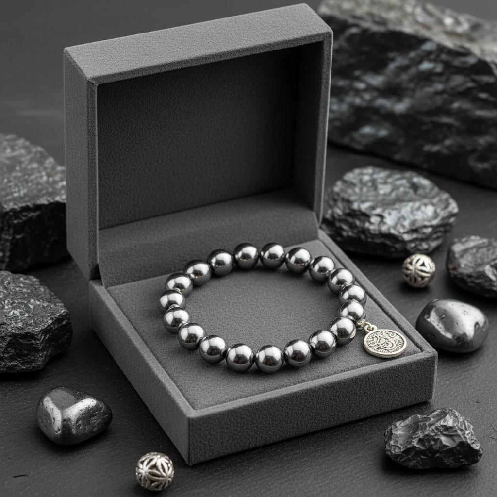 Natural Hematite Bracelet in premium gift box with dark grey velvet