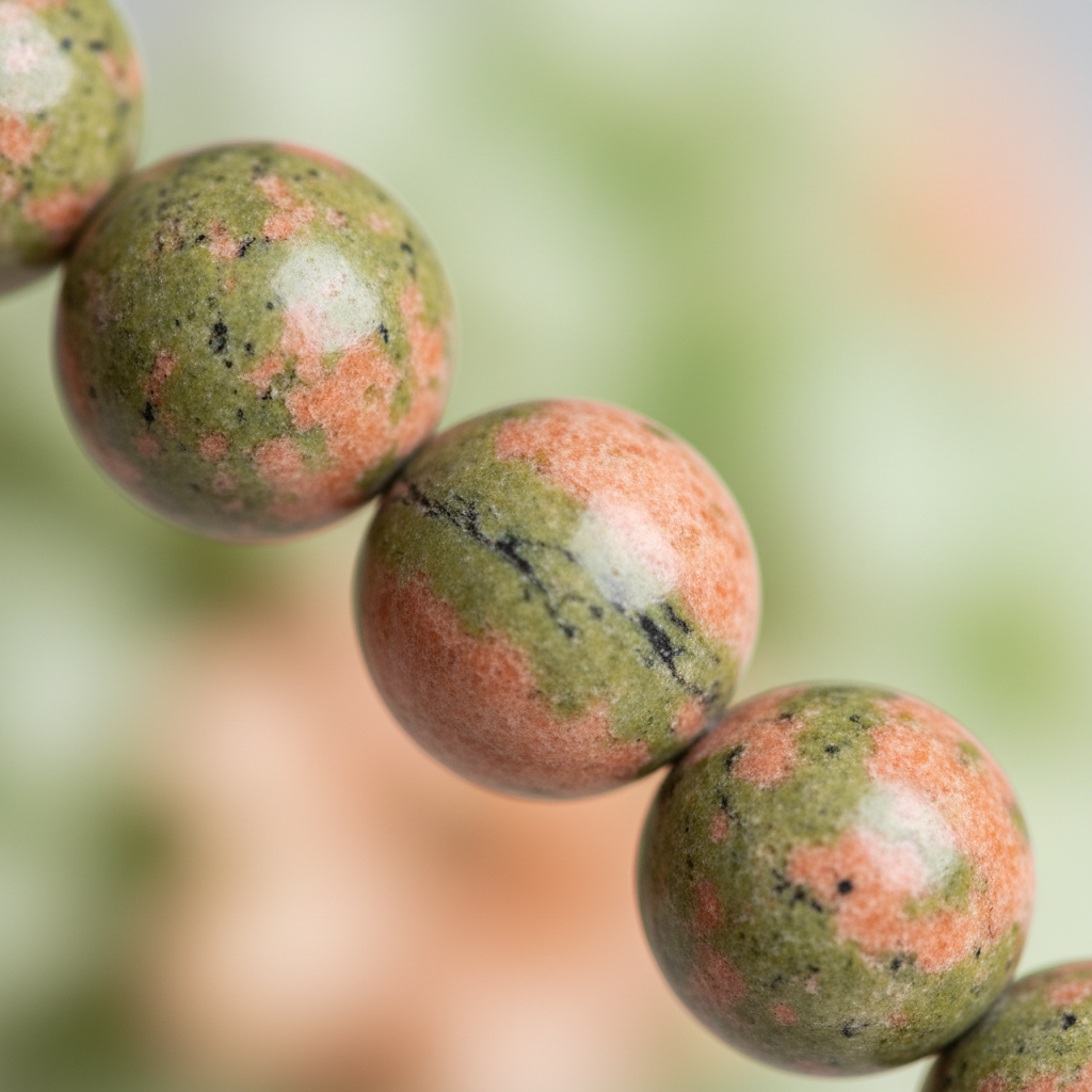 Natural Unakite Bracelet bead close-up showing mottled green and pink salmon patterns