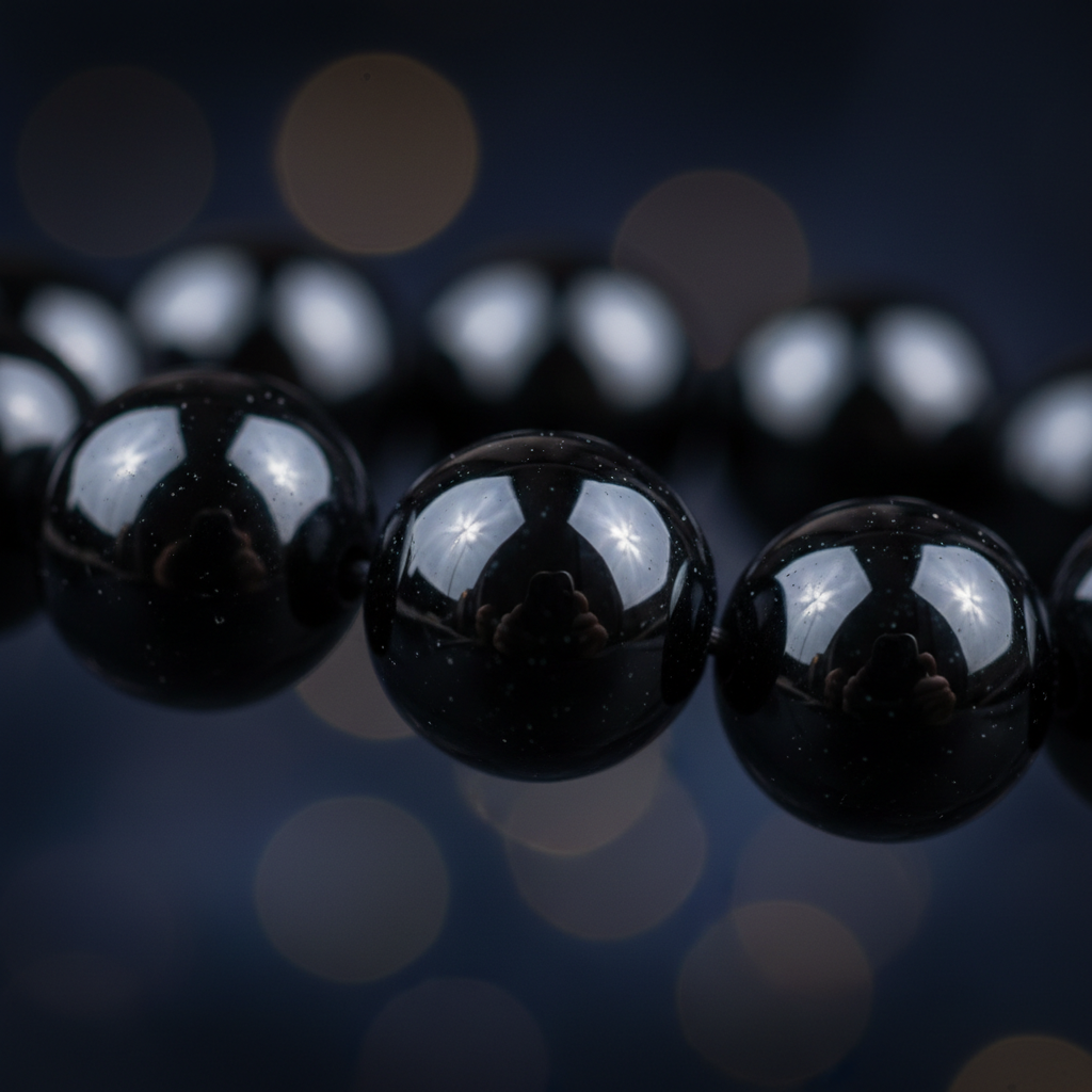 Natural Black Obsidian Bracelet bead close-up showing glossy volcanic glass