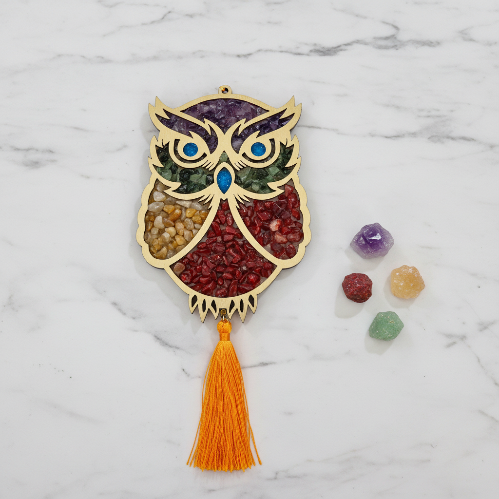Crystal owl wall hanging with mixed healing crystals on white marble with raw crystals