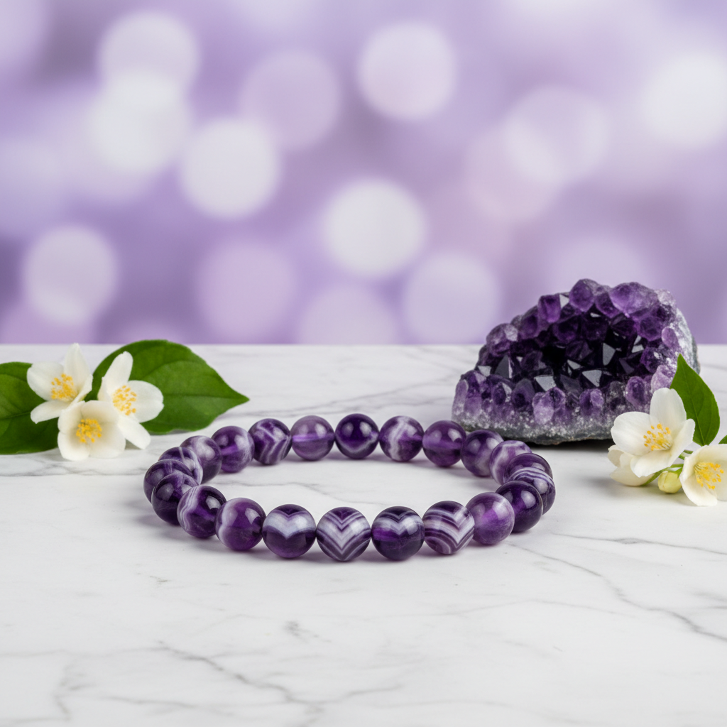 Natural Chevron Amethyst Bracelet on white marble with amethyst cluster