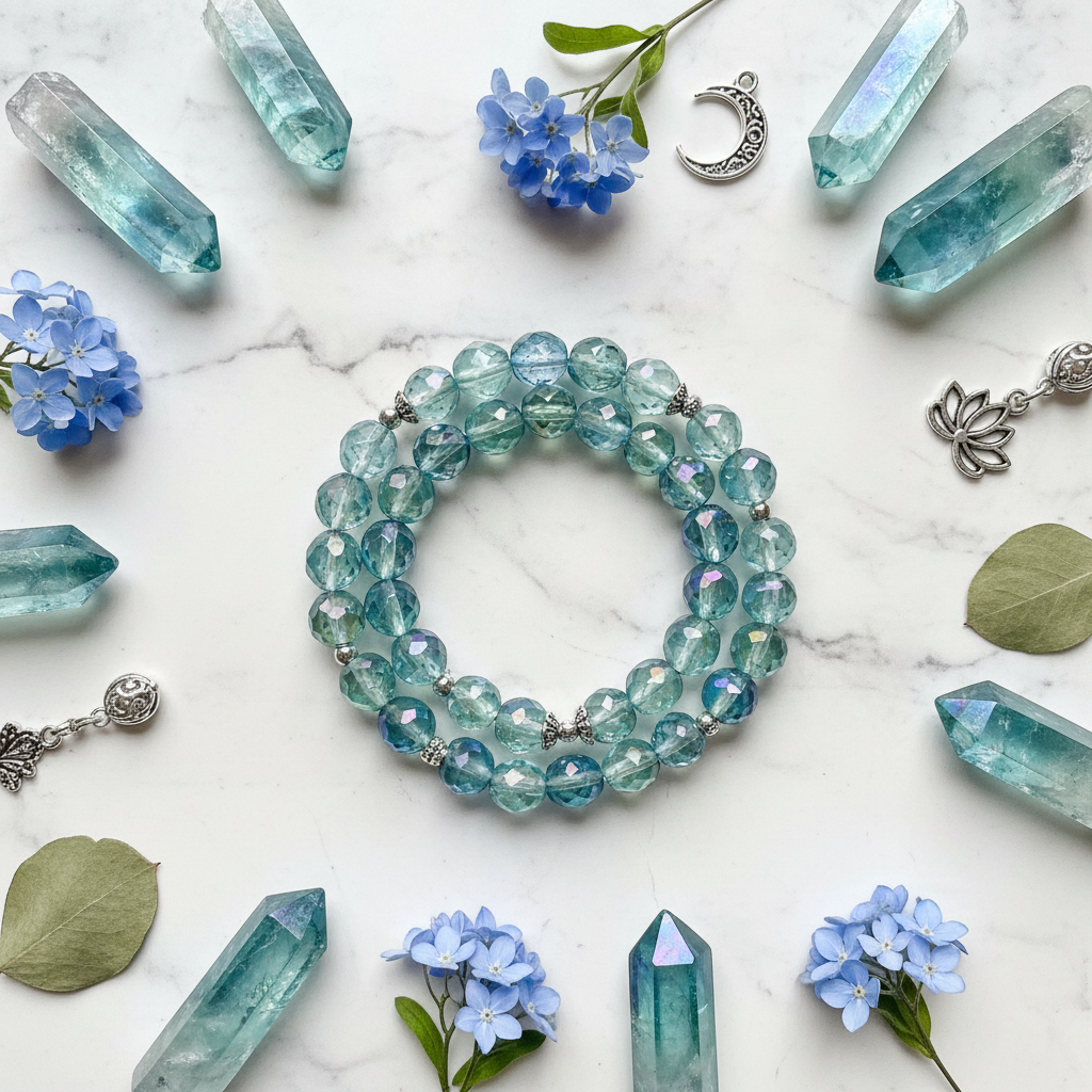 Aqua Aura Bracelet flat lay with crystal points and blue flowers