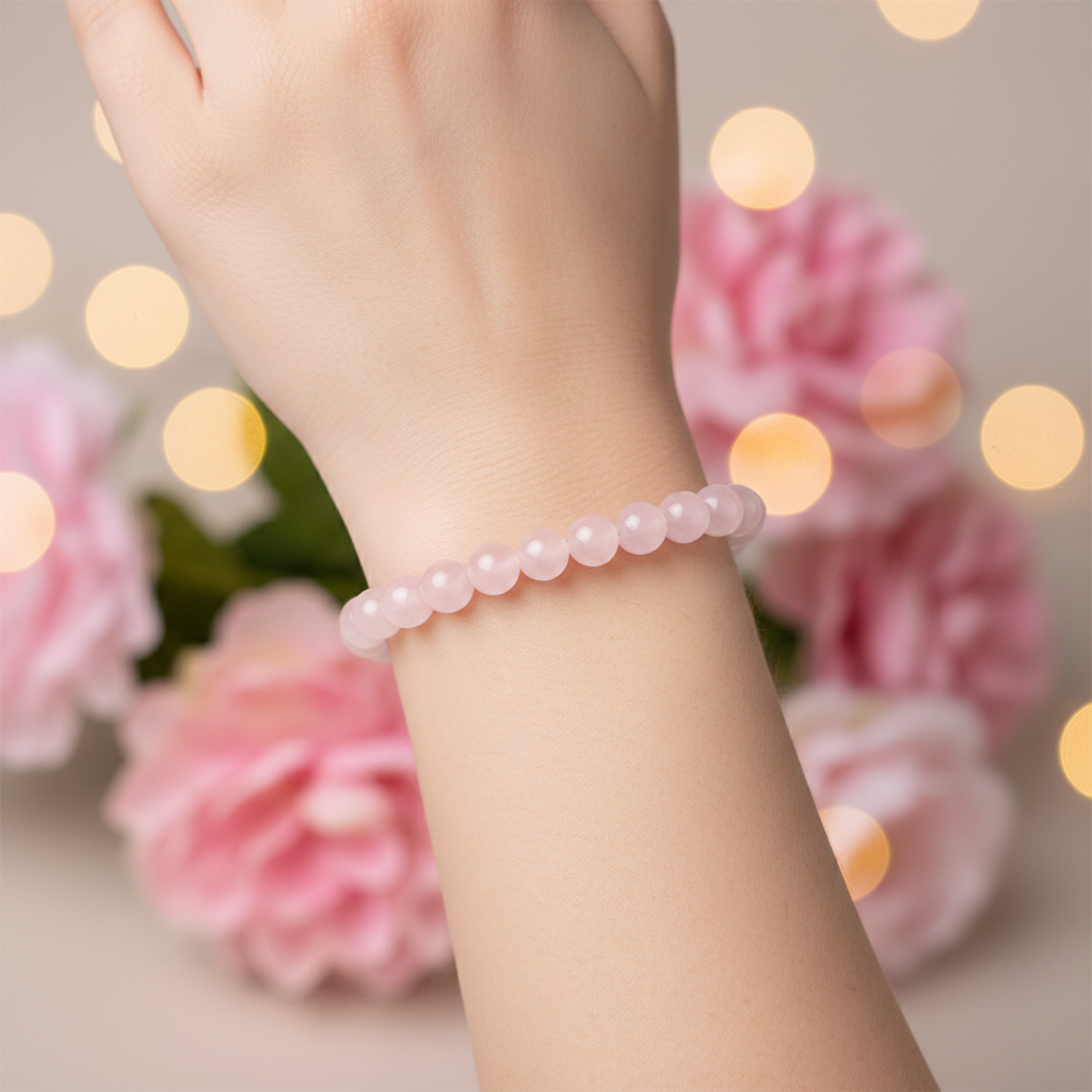 Natural Rose Quartz Bracelet worn on wrist