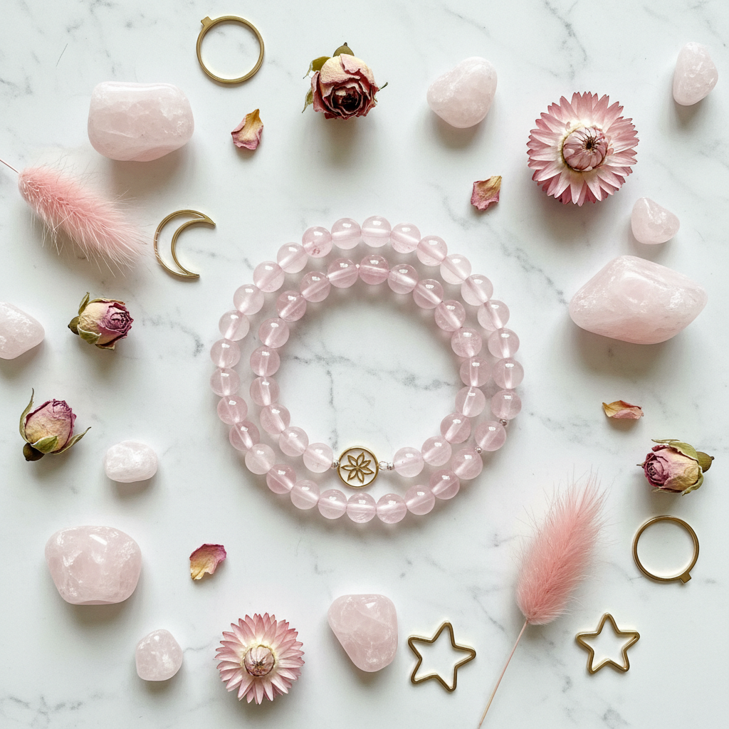 Natural Rose Quartz Bracelet flat lay with crystals and flowers