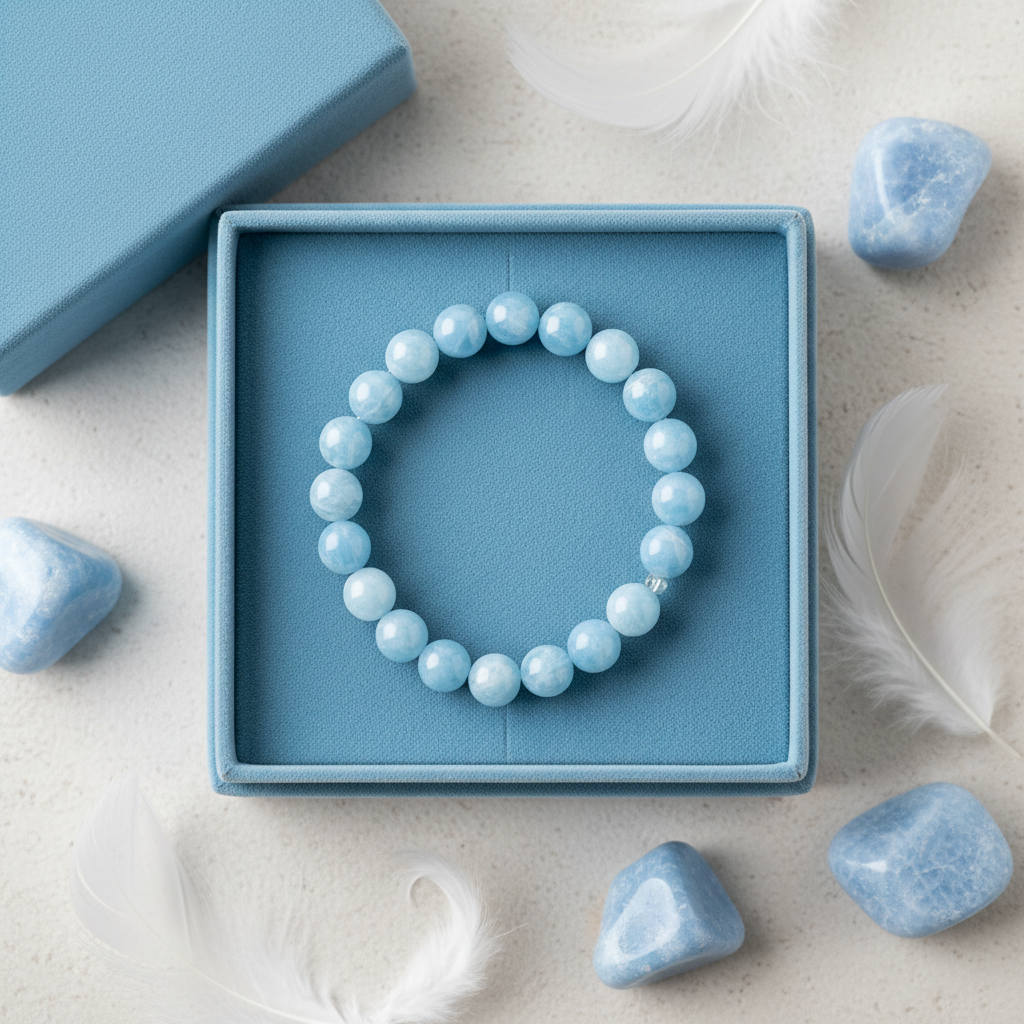 Natural Angelite Bracelet in premium gift box with soft blue velvet