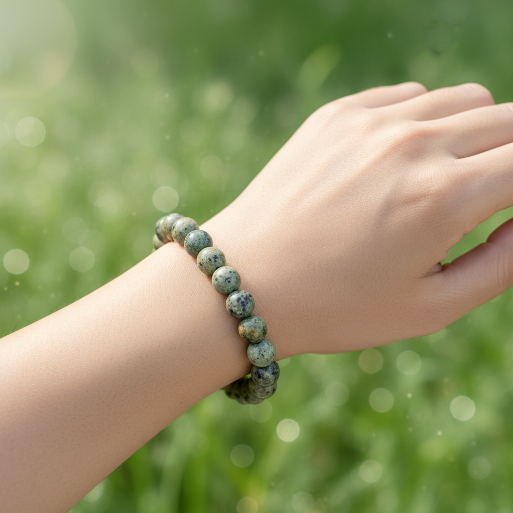 Natural Kiwi Jasper Bracelet worn on wrist