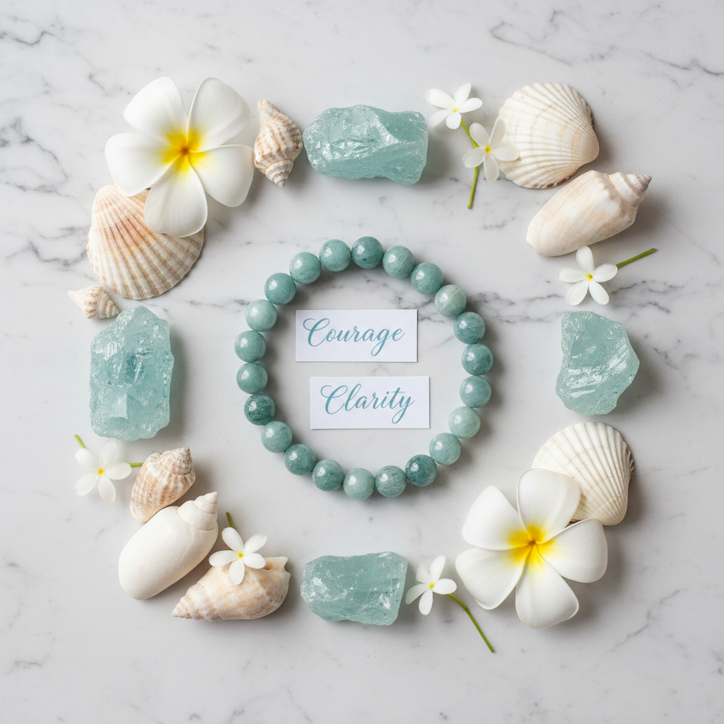 Natural Aquamarine Bracelet flat lay with aquamarine crystals and sea shells