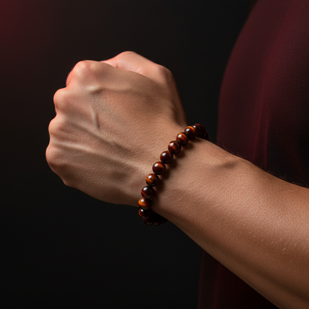 Natural Red Tiger Eye Bracelet worn on wrist