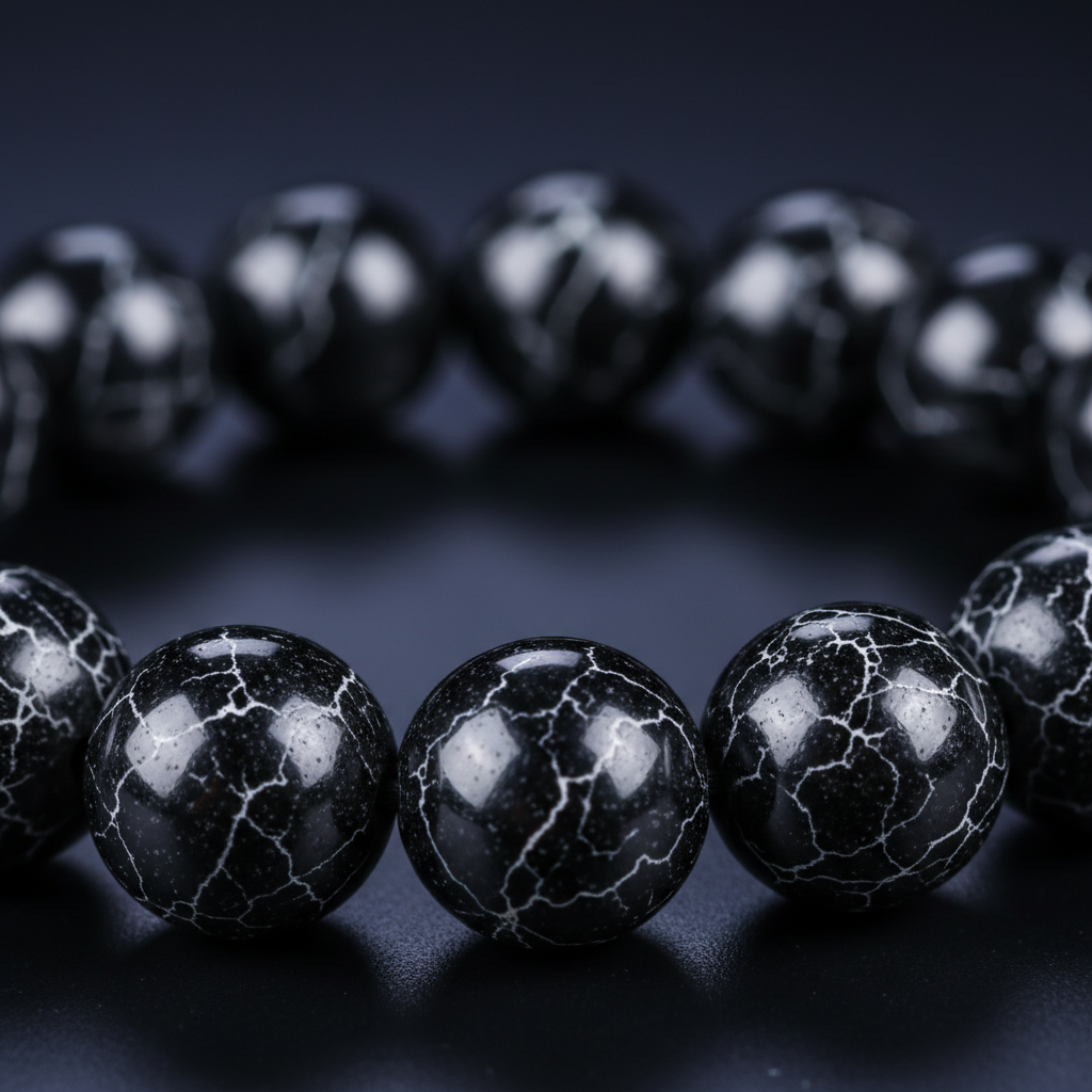 Natural Black Web Jasper Bracelet bead close-up showing black with white web vein patterns