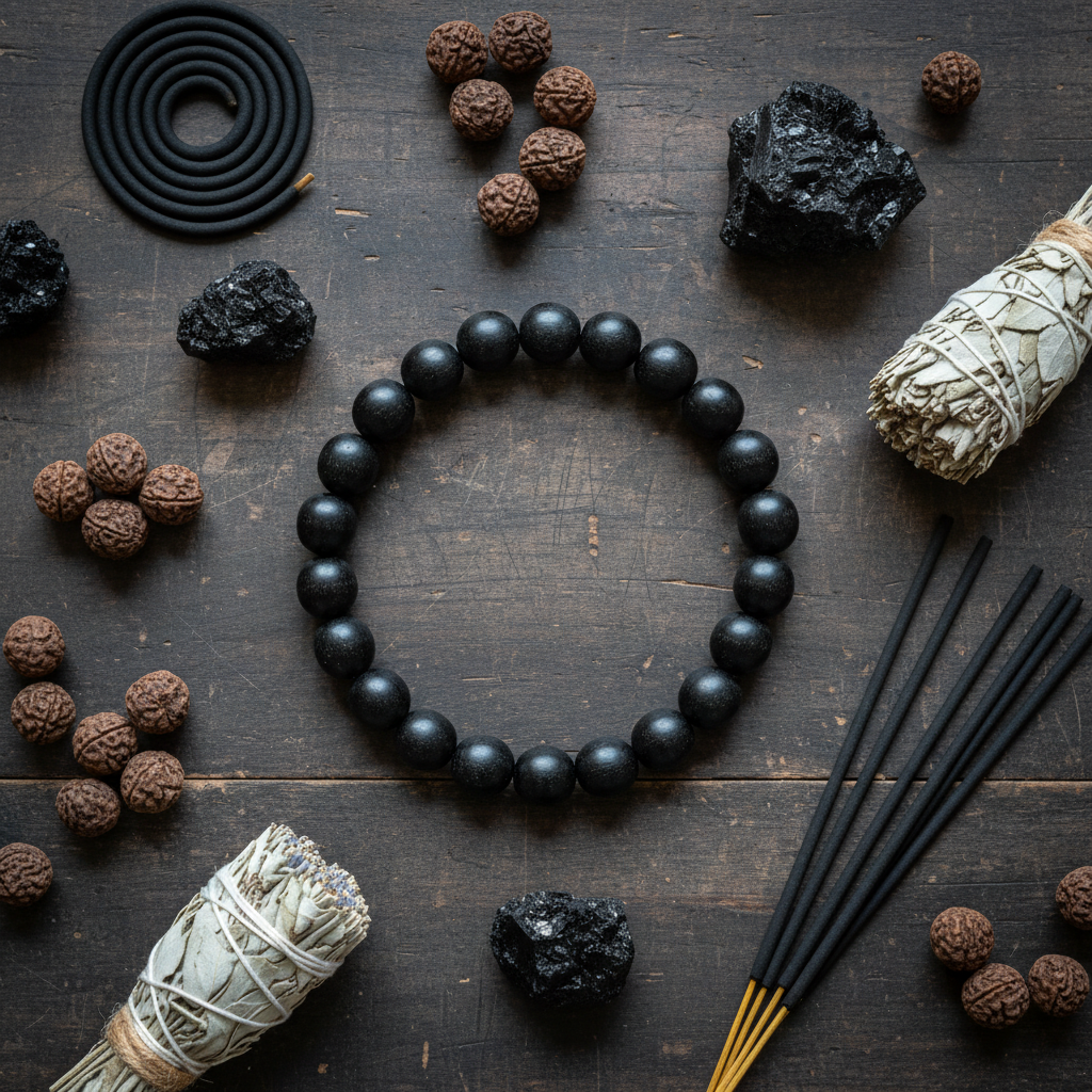 Natural Karungali Ebony Wood Bracelet flat lay with rudraksha and black crystals