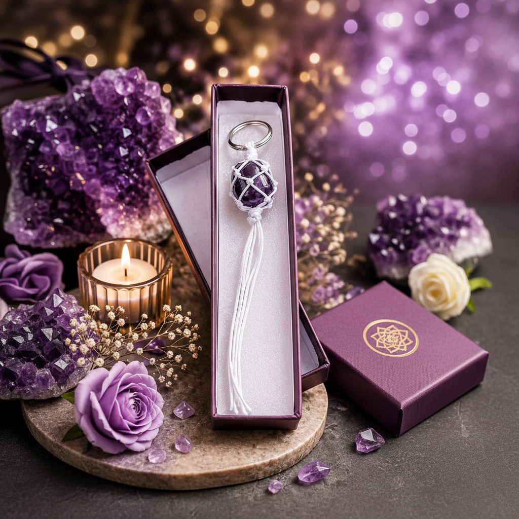 Amethyst Keychain in premium gift box with flowers