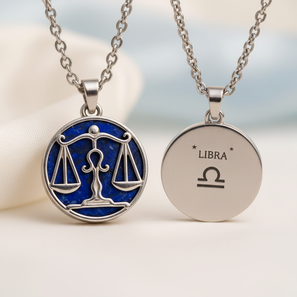 Close-up of Libra zodiac pendant showing lapis lazuli stone and engraved back detail