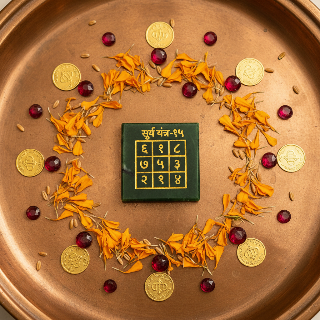 Surya Yantra flat lay with marigold petals and ruby crystals